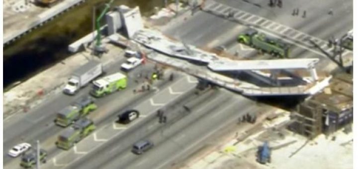 美国首个“快速施工法”人行桥突发倒塌8辆车毁 4人死亡多人受伤